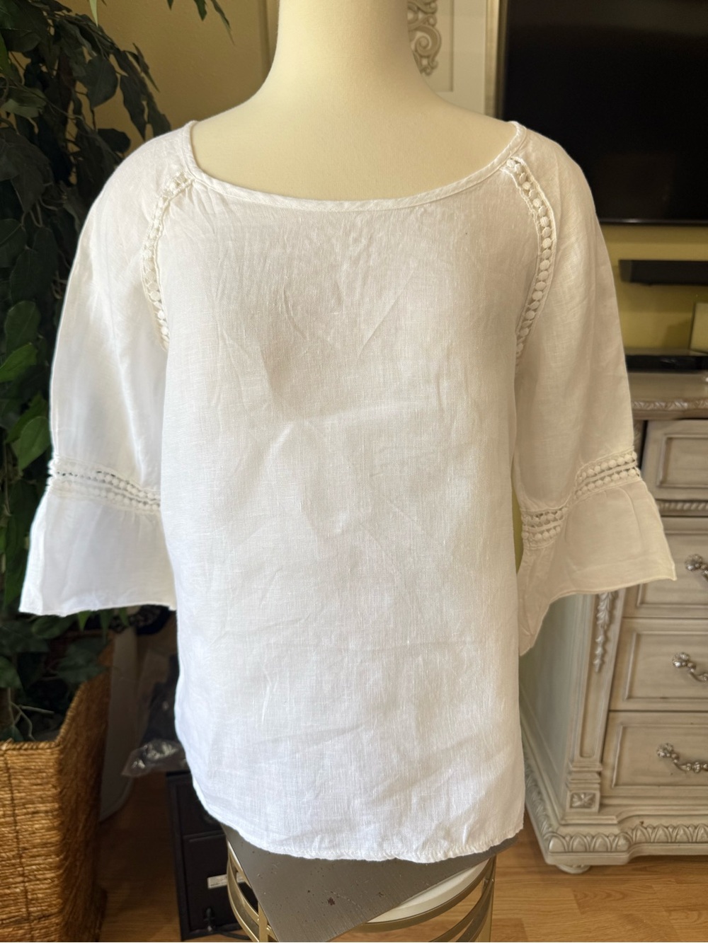 Bellambra White 100% Linen Blouse Women S Crochet Trim Bell Sleeve Italy